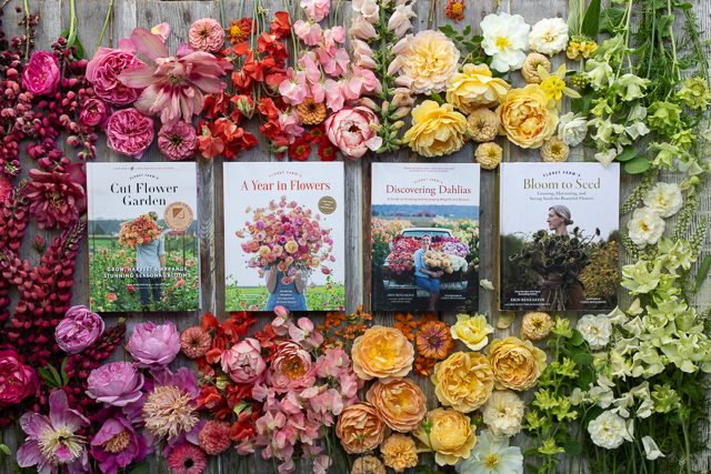 An overhead of Floret's four books surrounded by blooms in a rainbow of colors.