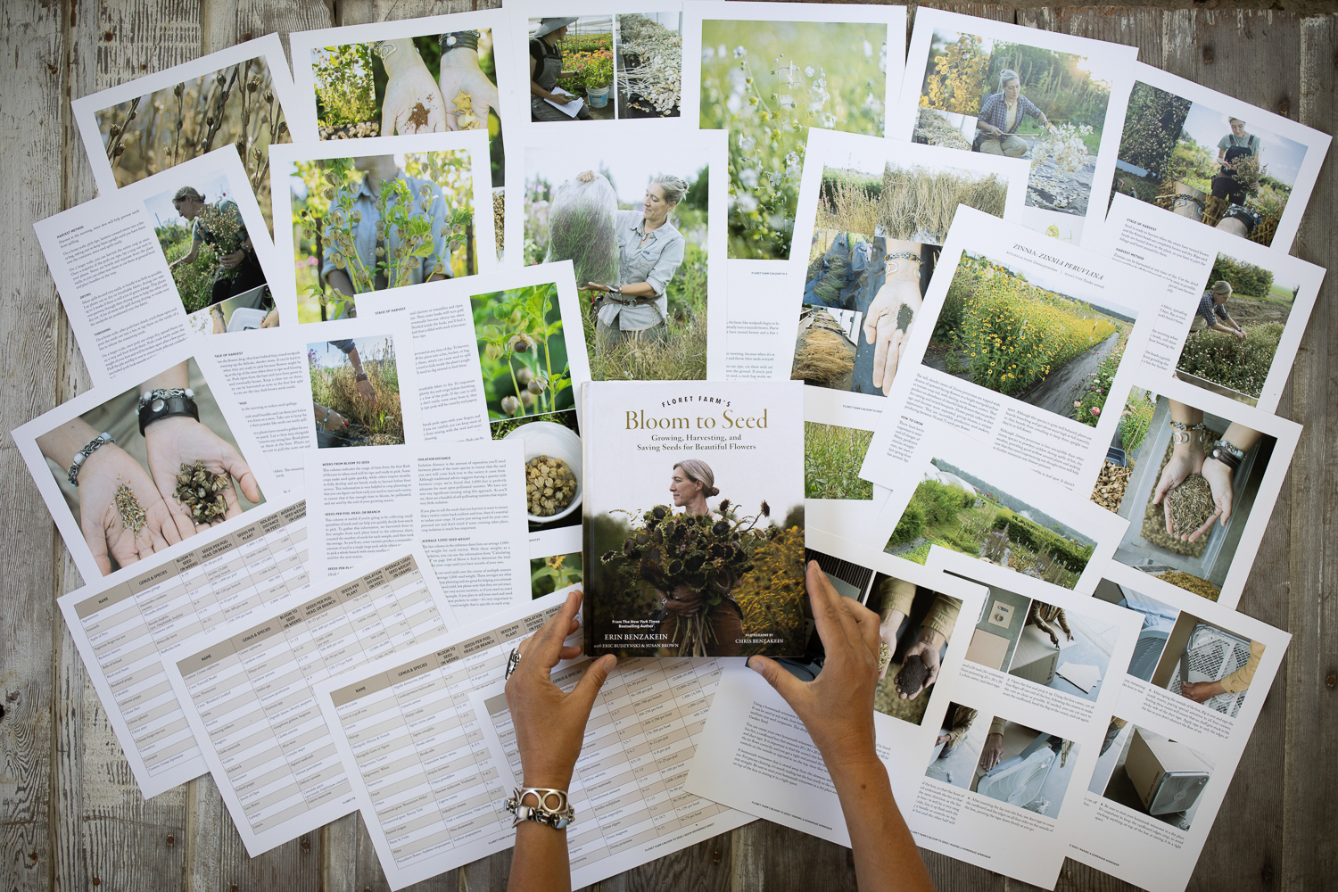 An overhead of Floret Farm's Bloom to Seed surrounded by the book bonus materials.